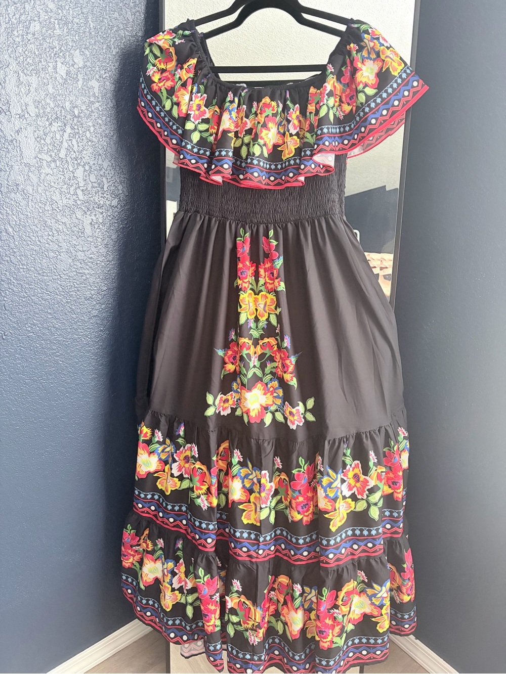 SHEIN Black Maxi Dress with Bright Floral Ruffle